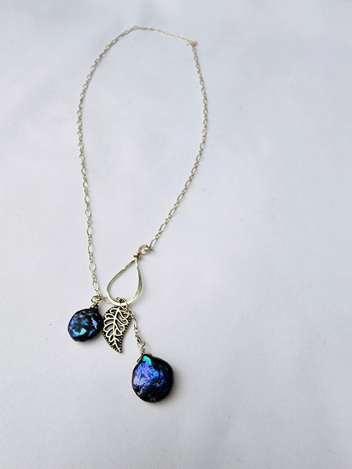 Peacock blue pearl leaf necklace - LB Designs