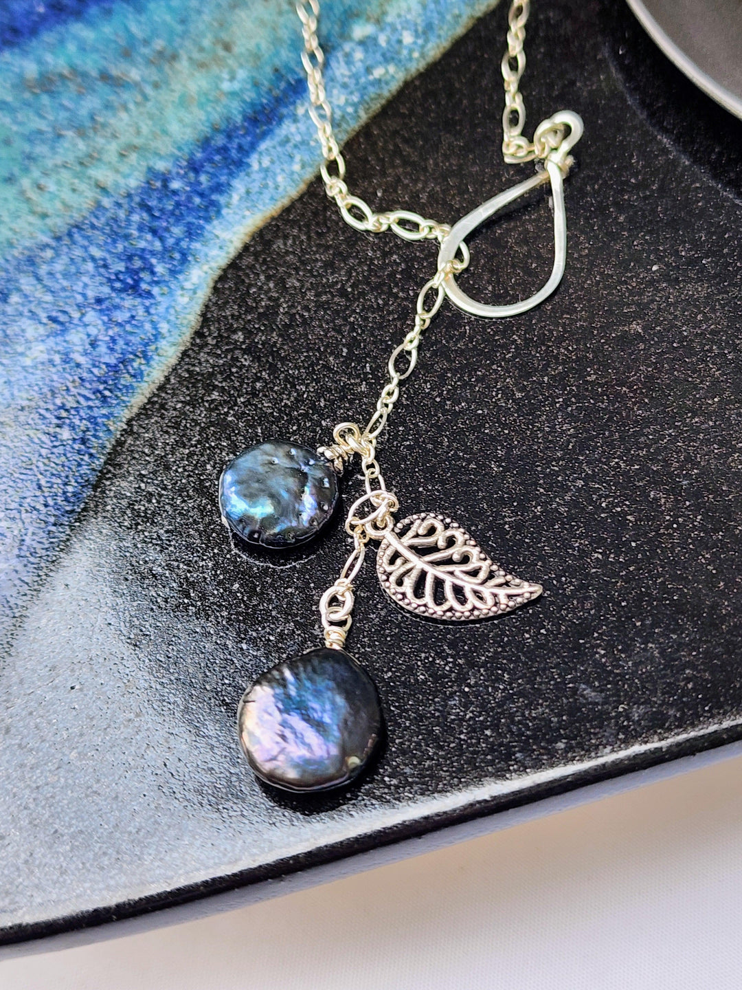 Peacock blue pearl leaf necklace - LB Designs