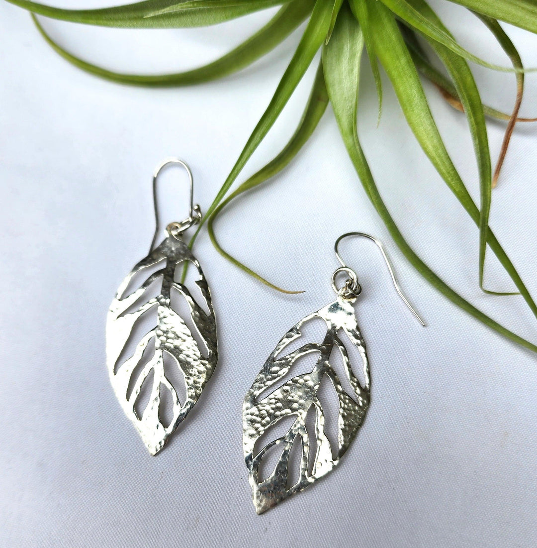 Large sterling silver leaf earrings - LB Designs