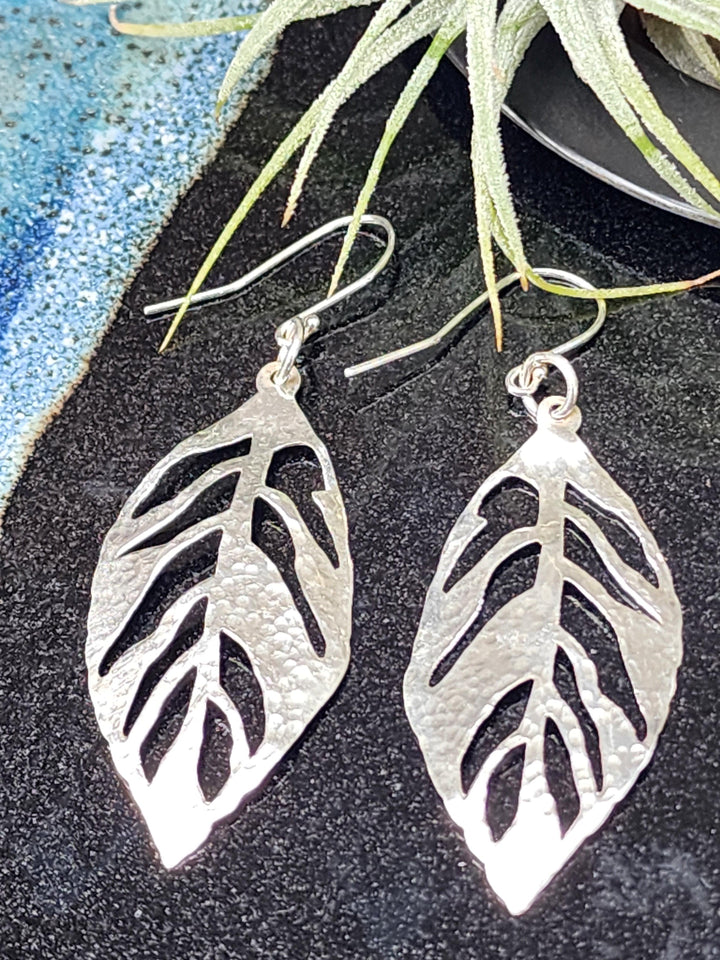 Large sterling silver leaf earrings - LB Designs
