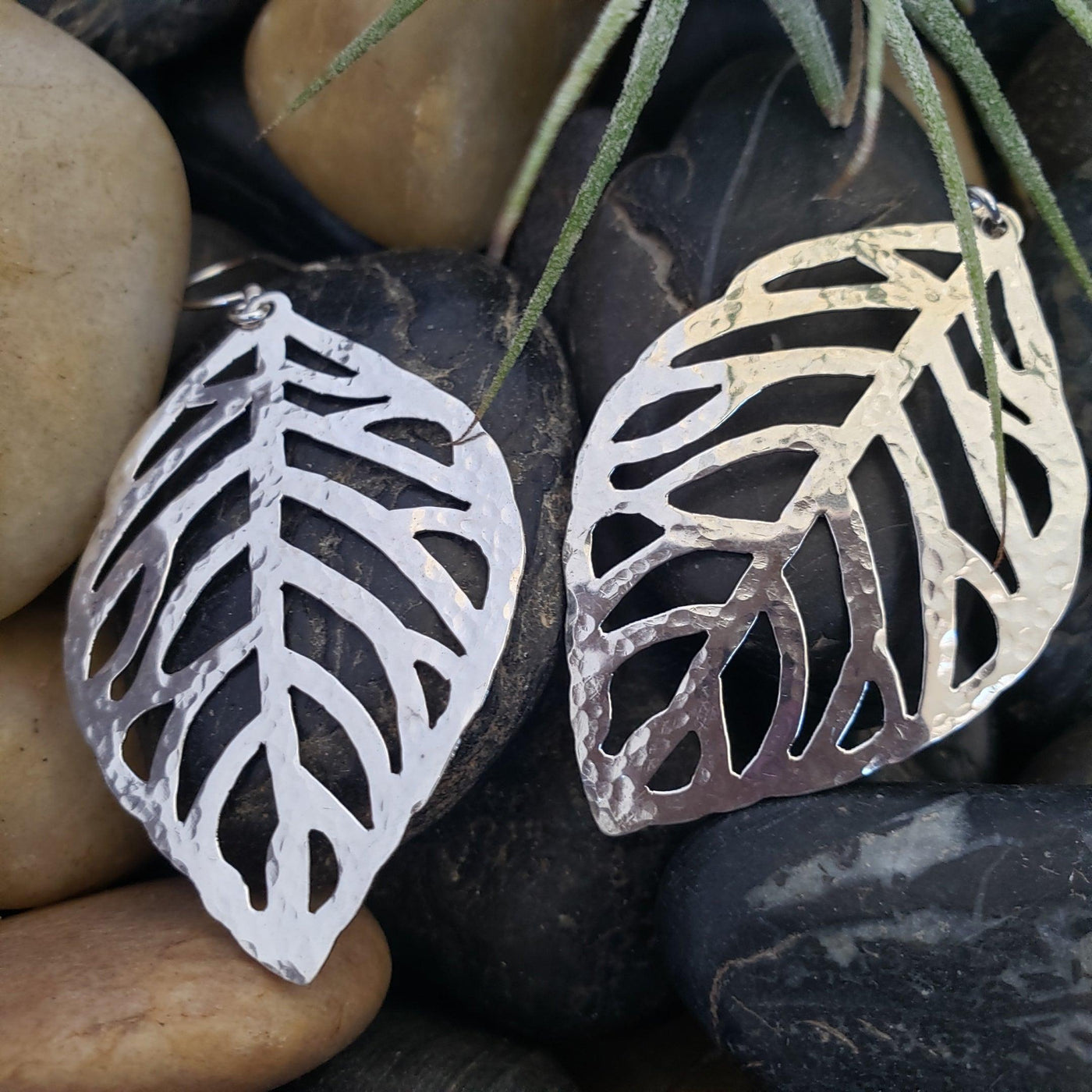 Silver hammered leaf earrings