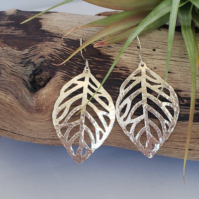 Silver hammered leaf earrings