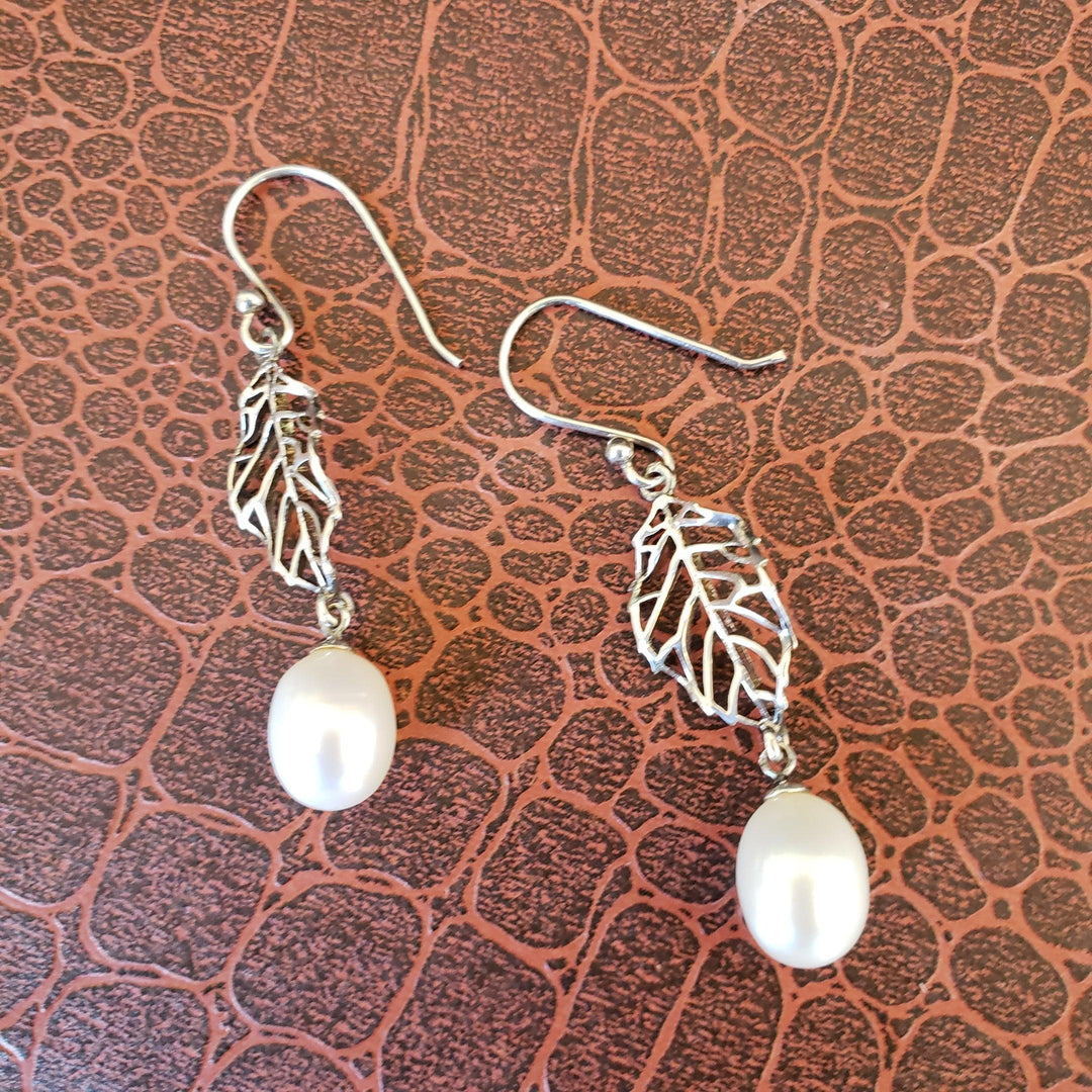 Silver leaf earring with a pearl drop - LB Designs