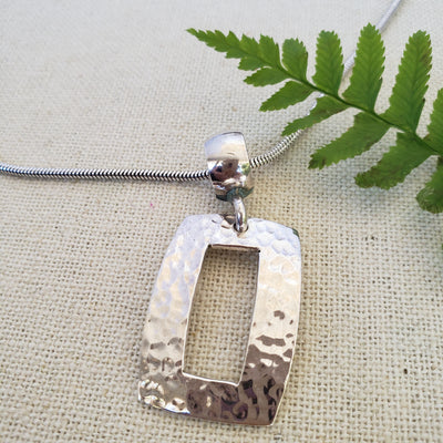 Silver hammered square pendant and snake chain