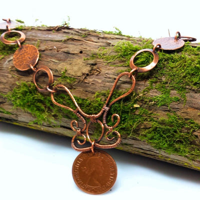 Hammered copper scroll coin necklace - LB Designs