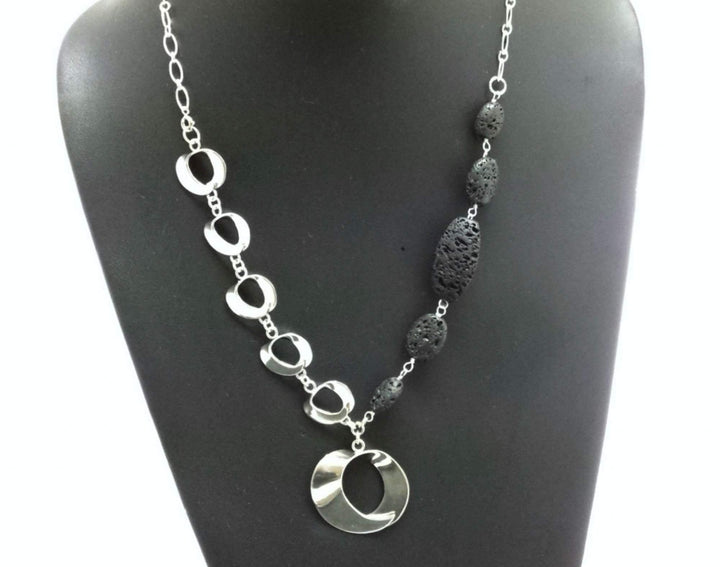 Designer abstract silver and lava stone necklace - LB Designs