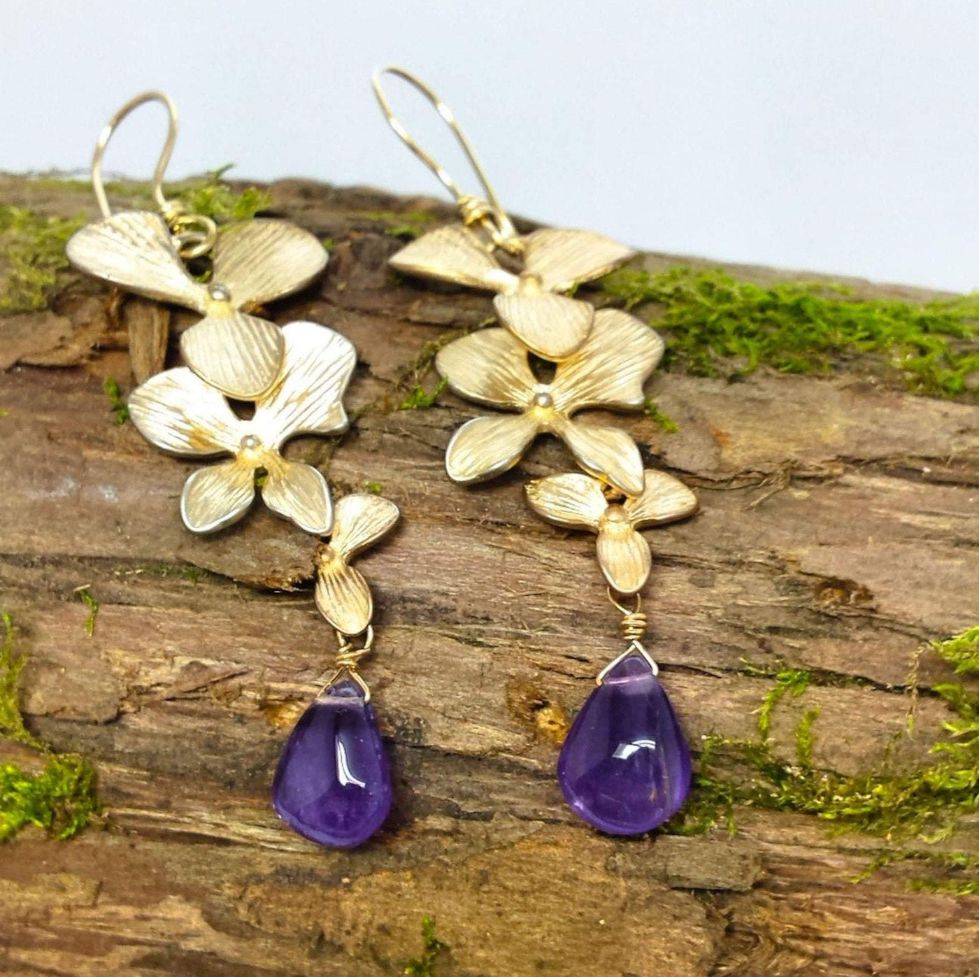 Gold floral amethyst drop earrings - LB Designs