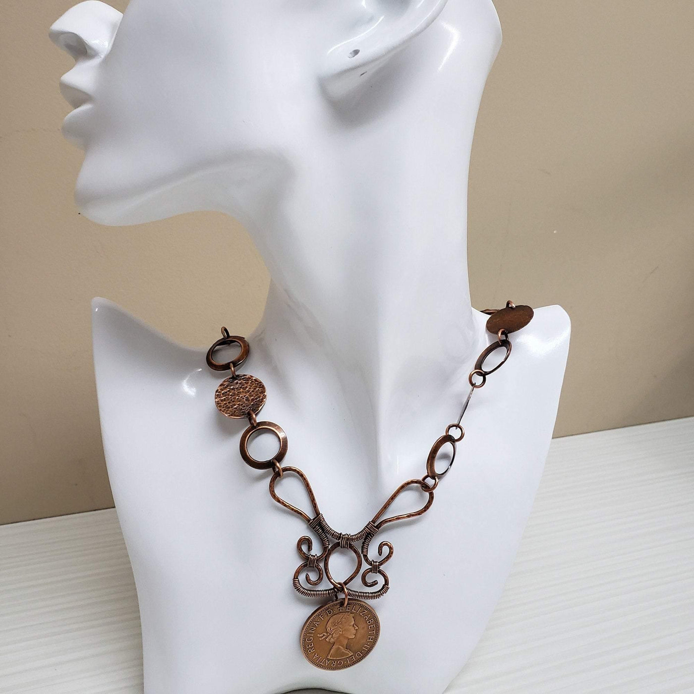 Hammered copper scroll coin necklace - LB Designs