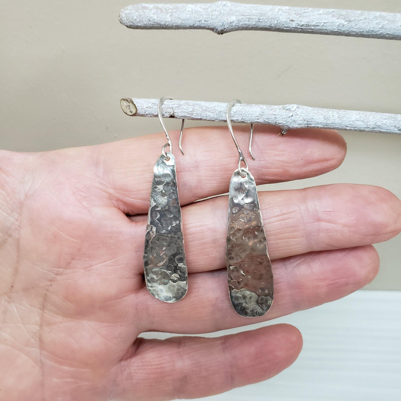 Long silver hammered earrings - LB Designs