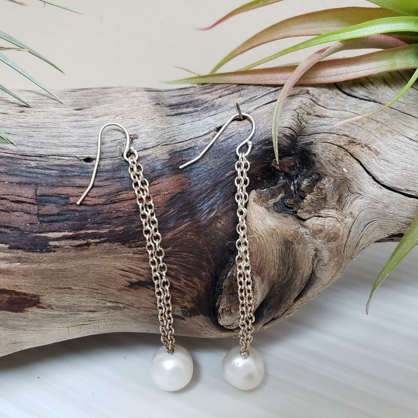 Elegant  white pearl  sterling dangle earrings - LB Designs