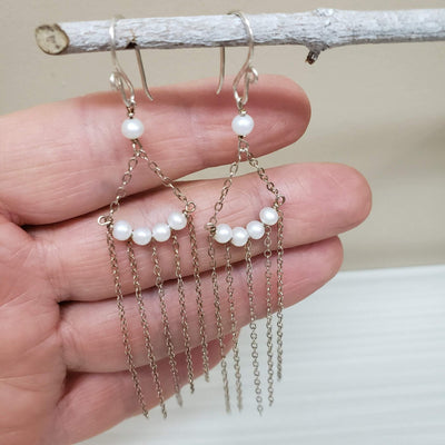 Pearl and sterling chain chandelier earrings - LB Designs