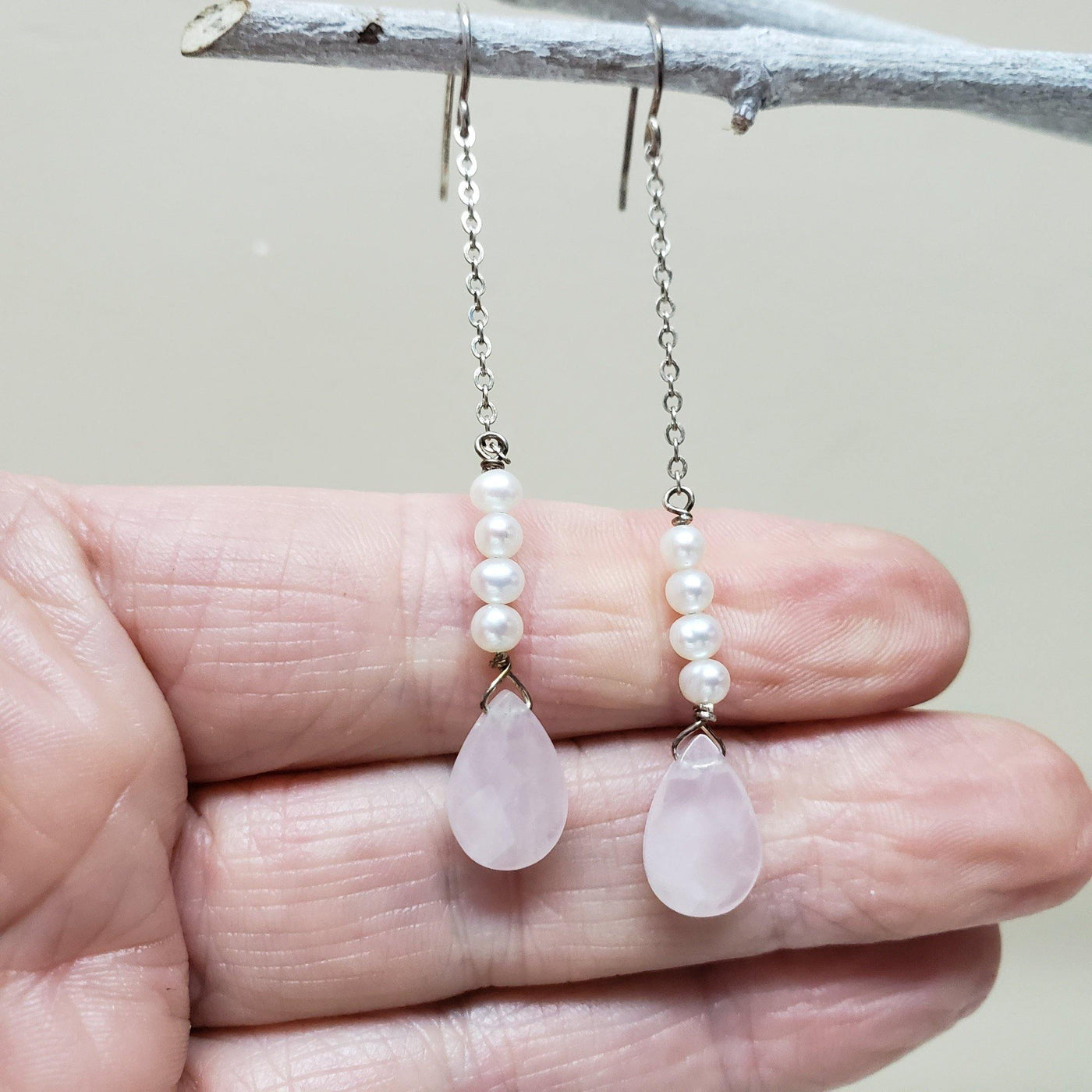 Rose quartz and pearl  earrings - LB Designs