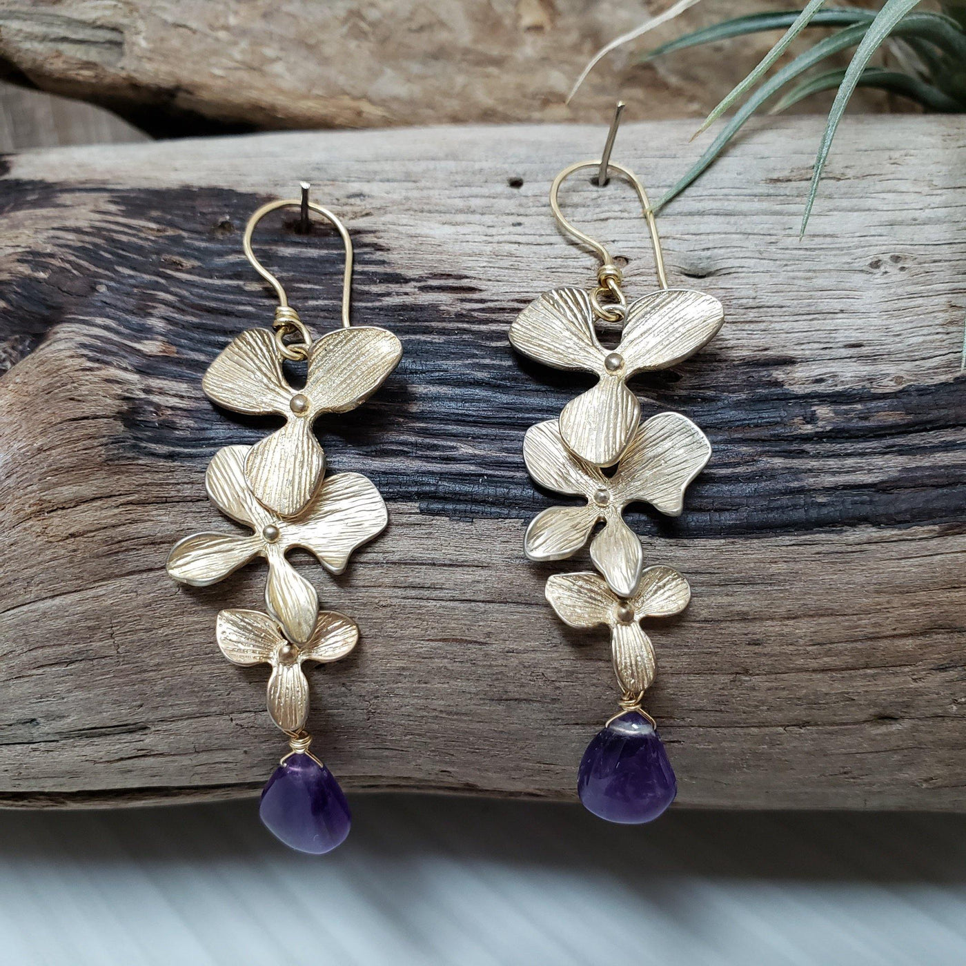Gold floral amethyst drop earrings - LB Designs