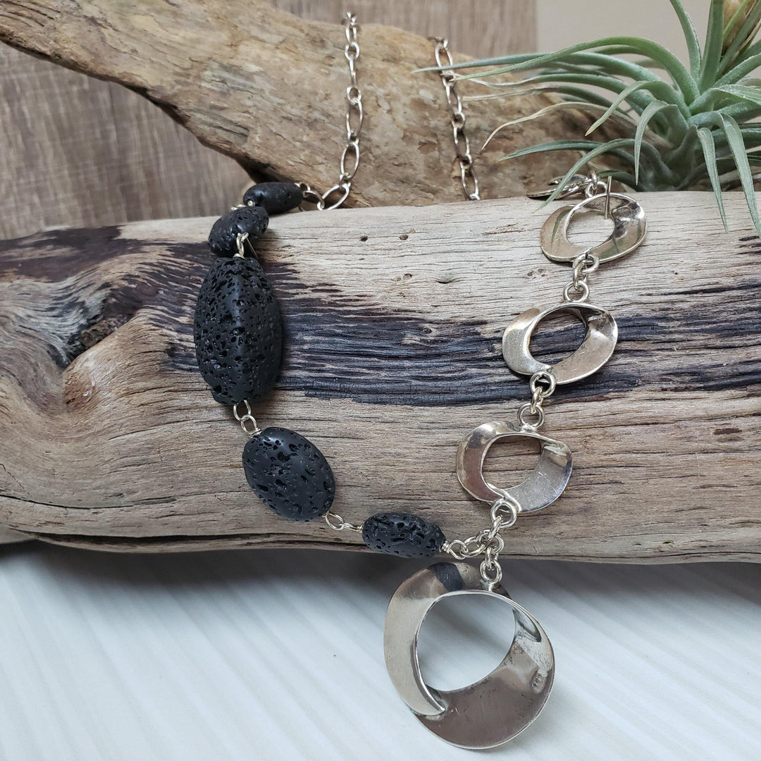 Designer abstract silver and lava stone necklace - LB Designs
