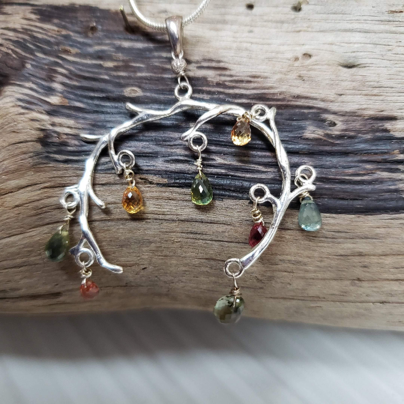 Natural Faceted Multicolor Sapphire and Sterling Silver tree branch necklace - LB Designs