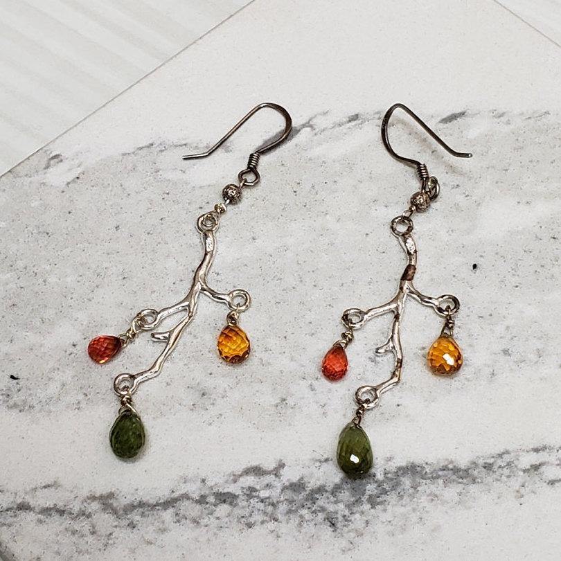 Natural Faceted Multicolor Sapphire Sterling Silver branch earrings - LB Designs