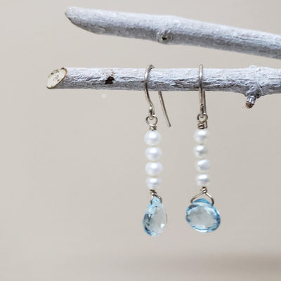 Blue topaz and pearl elegant  dangle earrings - LB Designs