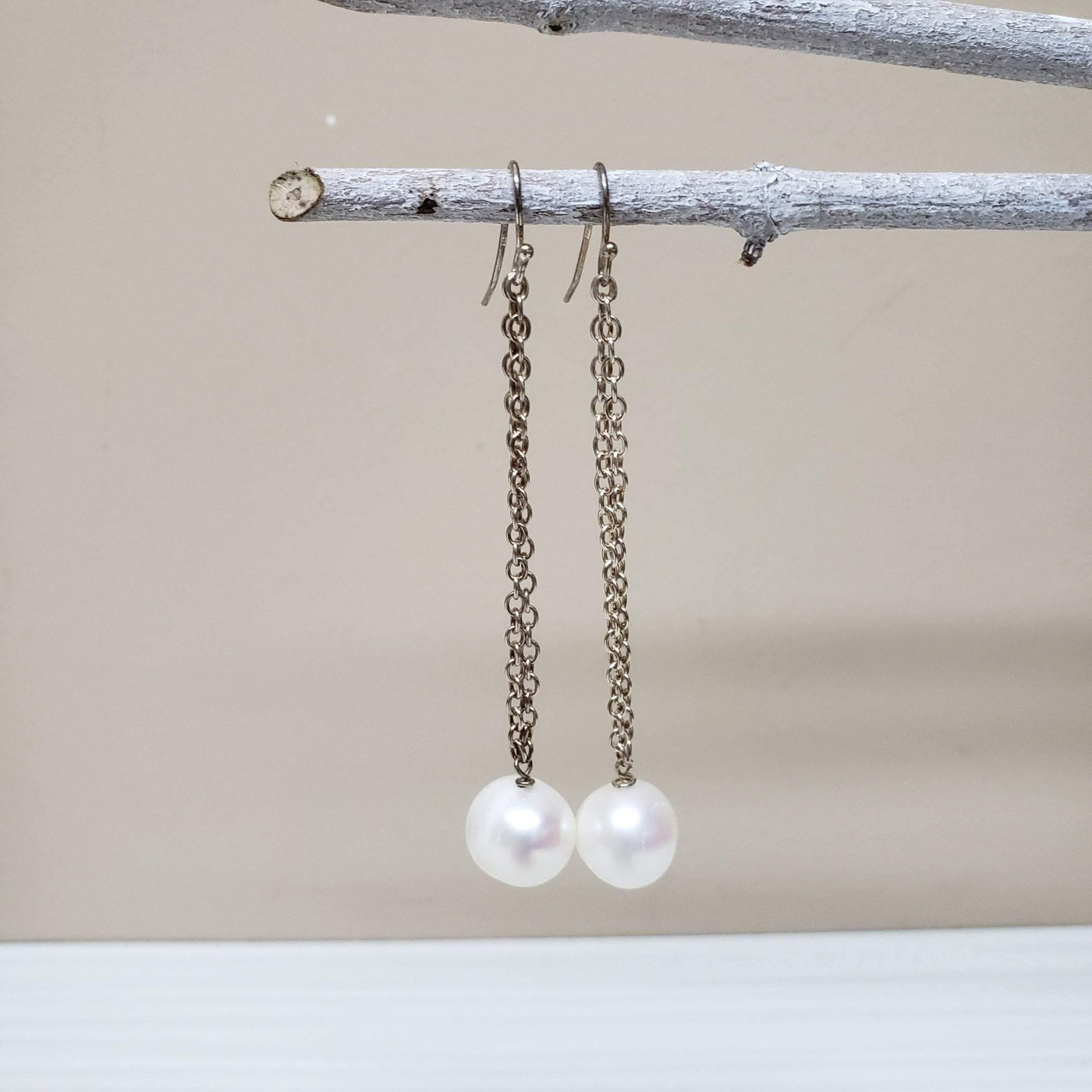 Elegant  white pearl  sterling dangle earrings - LB Designs