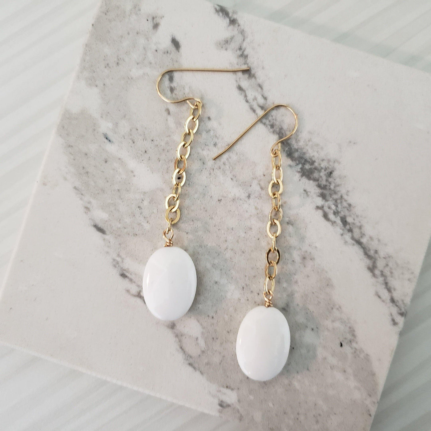 White Jade and gold dangle earrings - LB Designs