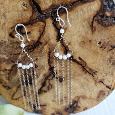 Pearl and sterling chain chandelier earrings - LB Designs