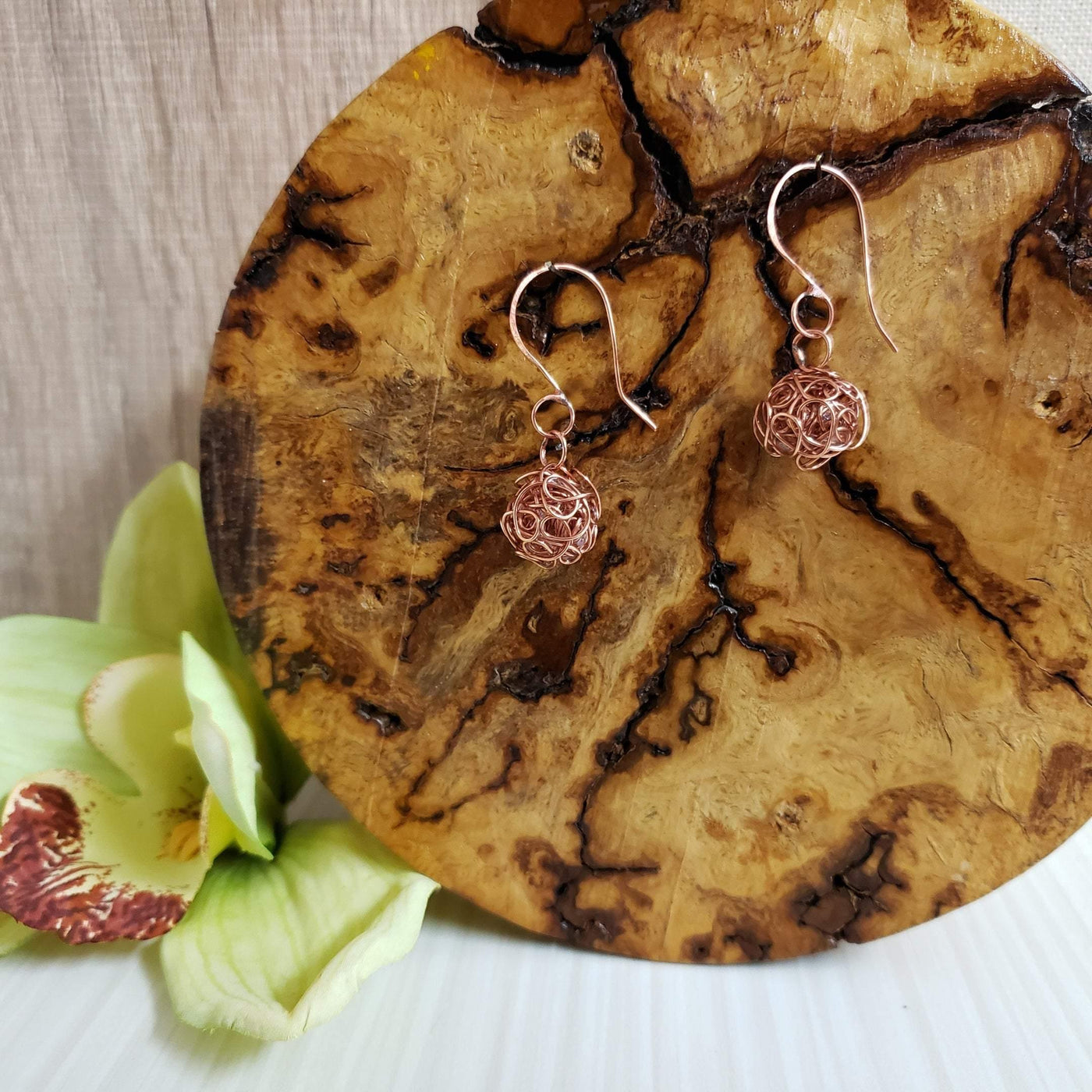 Copper squiggle ball earrings - LB Designs