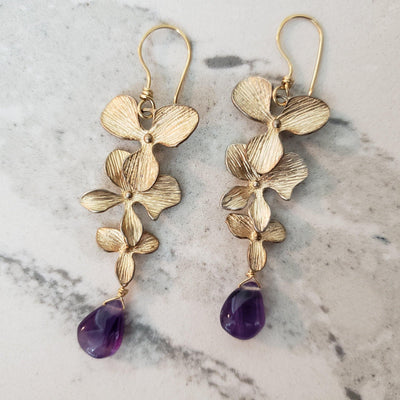 Gold floral amethyst drop earrings - LB Designs