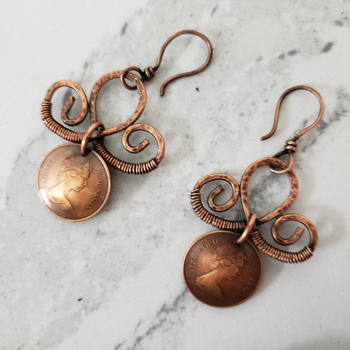 Copper Penny and scroll earrings - LB Designs