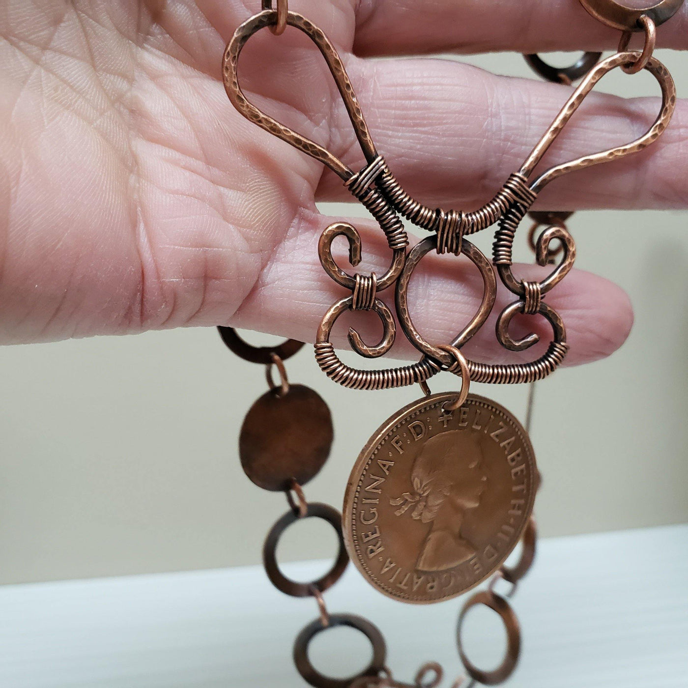 Hammered copper scroll coin necklace - LB Designs
